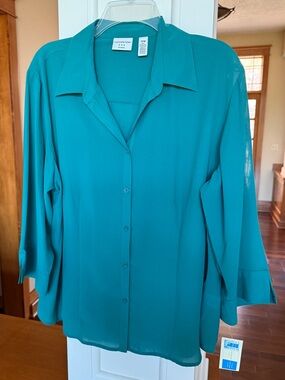 Covington NWT Women’s 20W 3/4 Notched Sleeve Teal Button-Front Blouse